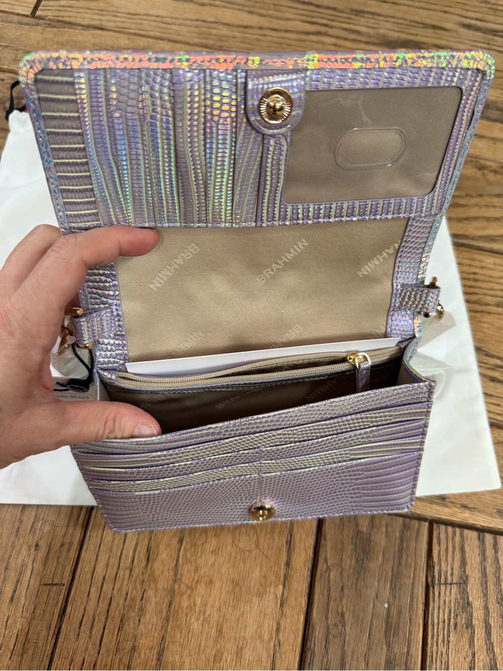 Brahmin Minuette Iridescent Croc-Embossed Clutch in Pink, Purple & Green - Picture 9 of 16